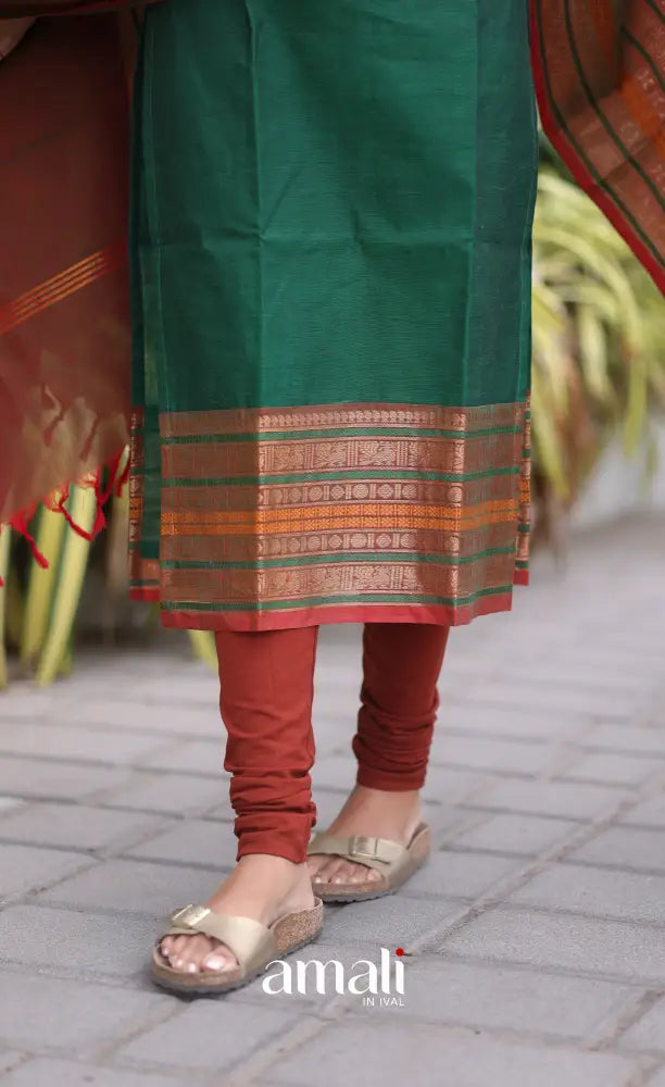 Meera Cotton Salwar - Dark Green and Manthalir - Plus Size salwar