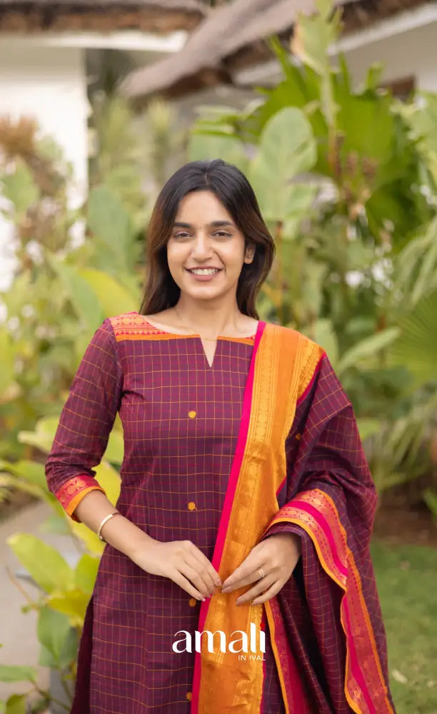 Meera Cotton Salwar - Dark Plum Magenta and Orange salwar