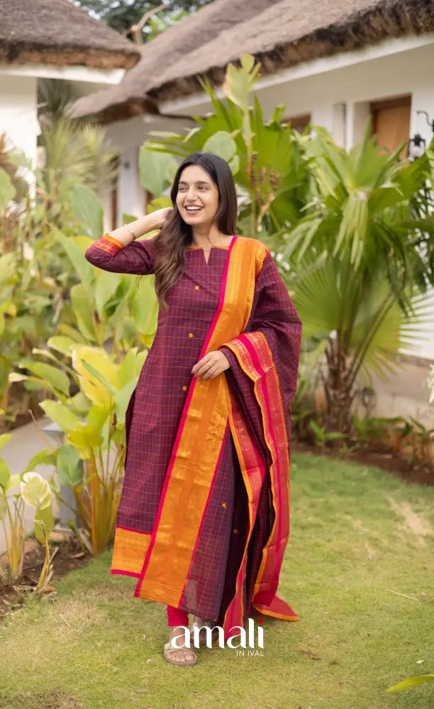 Meera Cotton Salwar - Dark Plum Magenta and Orange salwar