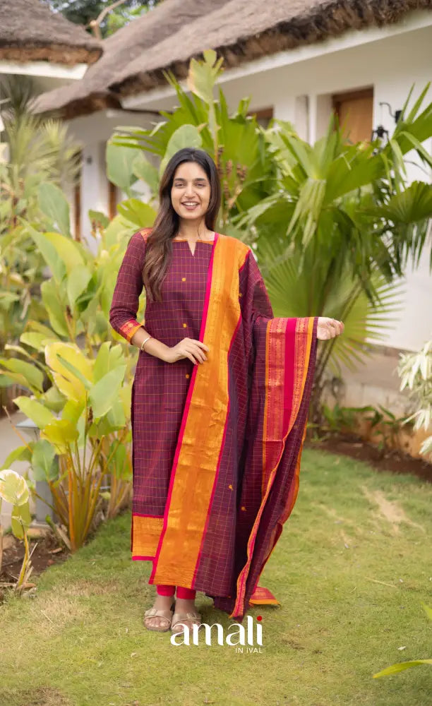 Meera Cotton Salwar - Dark Plum Magenta and Orange salwar