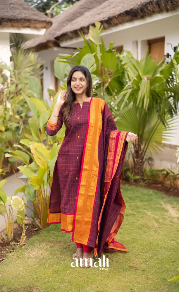 Meera Cotton Salwar - Dark Plum Magenta and Orange salwar