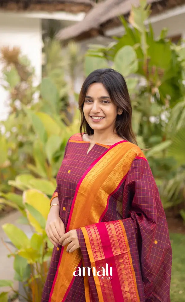 Meera Cotton Salwar - Dark Plum Magenta and Orange salwar