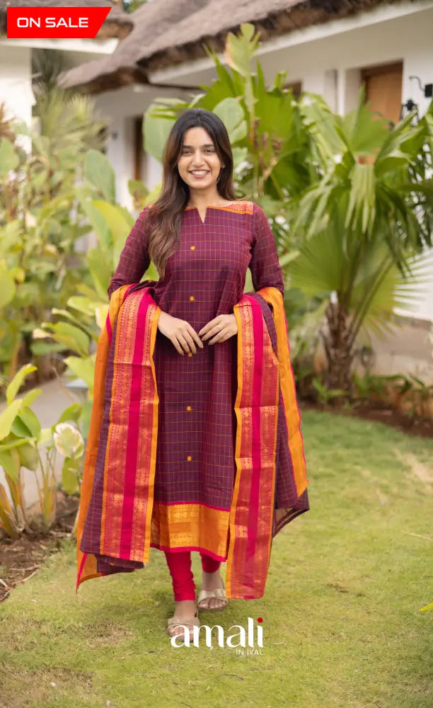 Meera Cotton Salwar - Dark Plum Magenta and Orange salwar