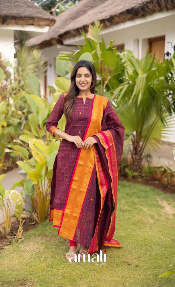 Meera Cotton Salwar - Dark Plum Magenta and Orange salwar