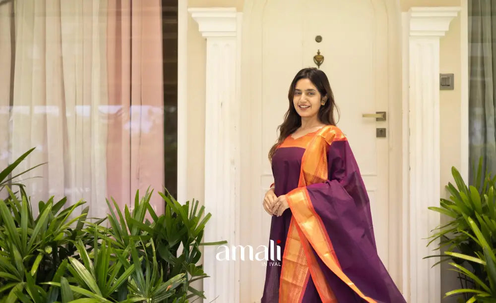 Meera Cotton Salwar Dark Purple and Orange Tone Plus Size salwar