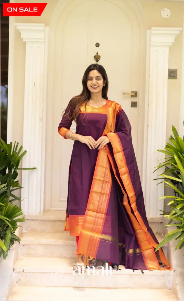 Meera Cotton Salwar Dark Purple and Orange Tone Plus Size salwar