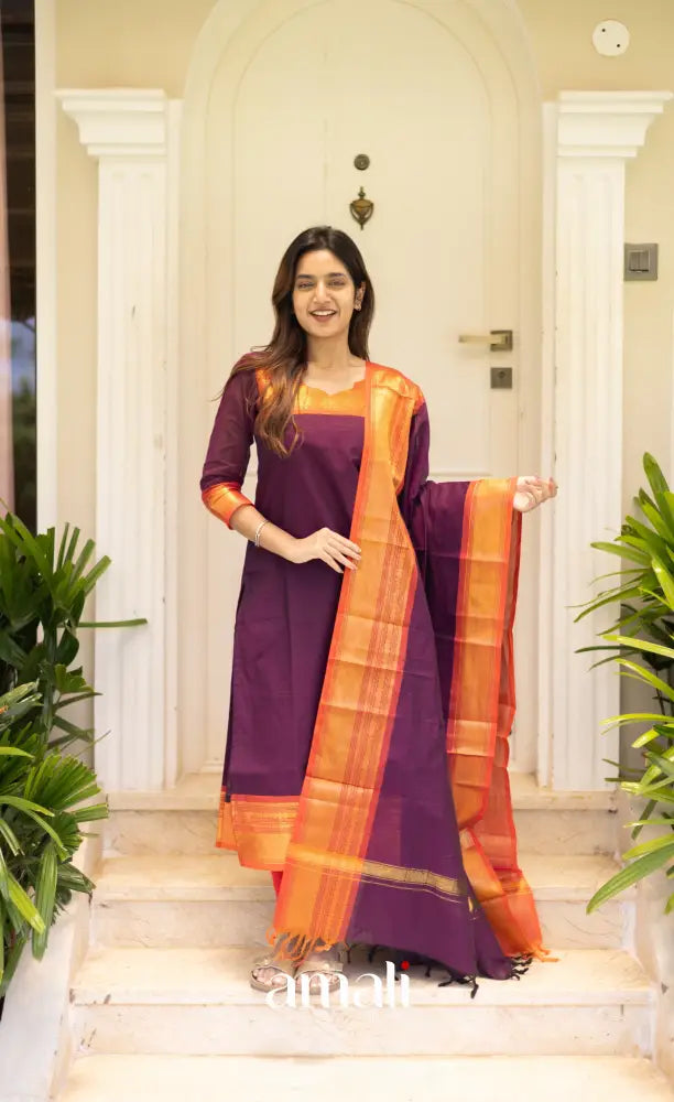 Meera Cotton Salwar Dark Purple and Orange Tone Plus Size salwar