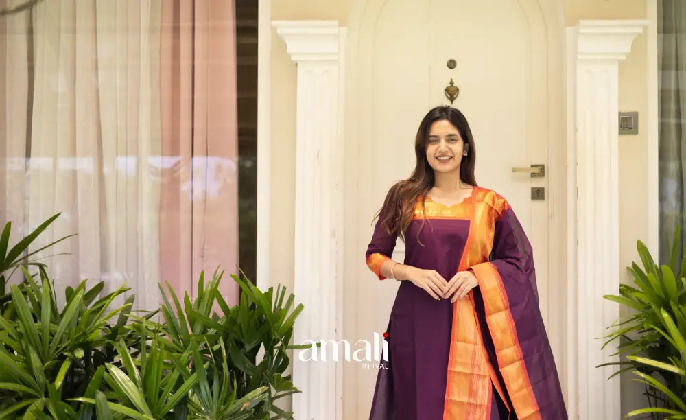Meera Cotton Salwar Dark Purple shade and Orange tone salwar