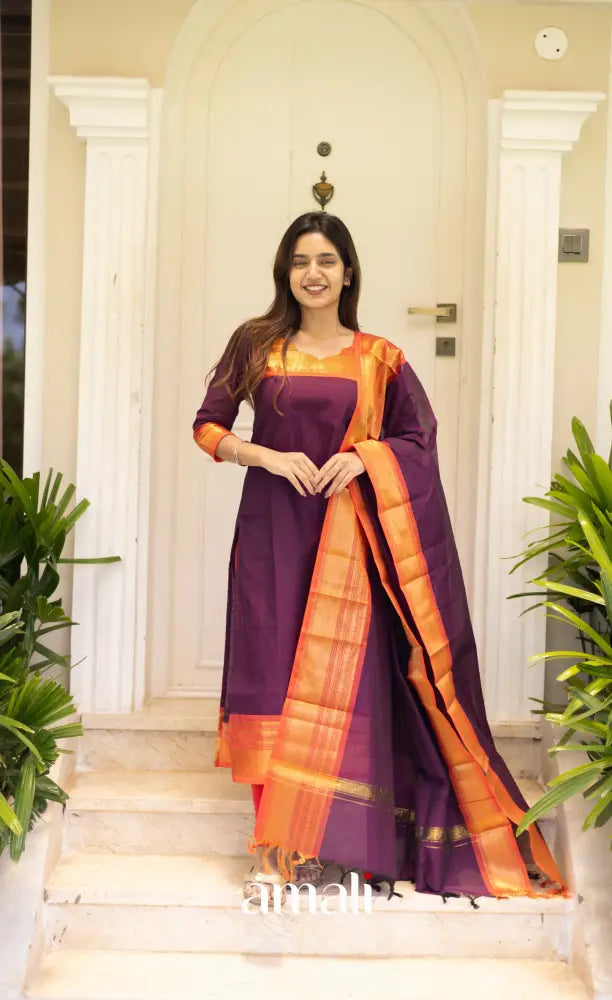 Meera Cotton Salwar Dark Purple shade and Orange tone salwar