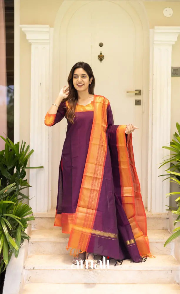 Meera Cotton Salwar Dark Purple shade and Orange tone salwar