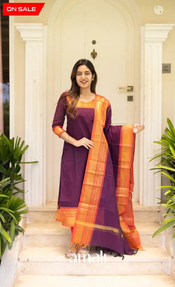 Meera Cotton Salwar Dark Purple shade and Orange tone salwar
