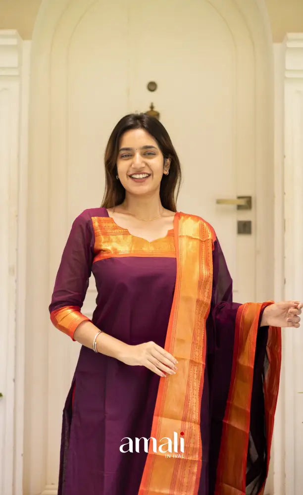 Meera Cotton Salwar Dark Purple shade and Orange tone salwar