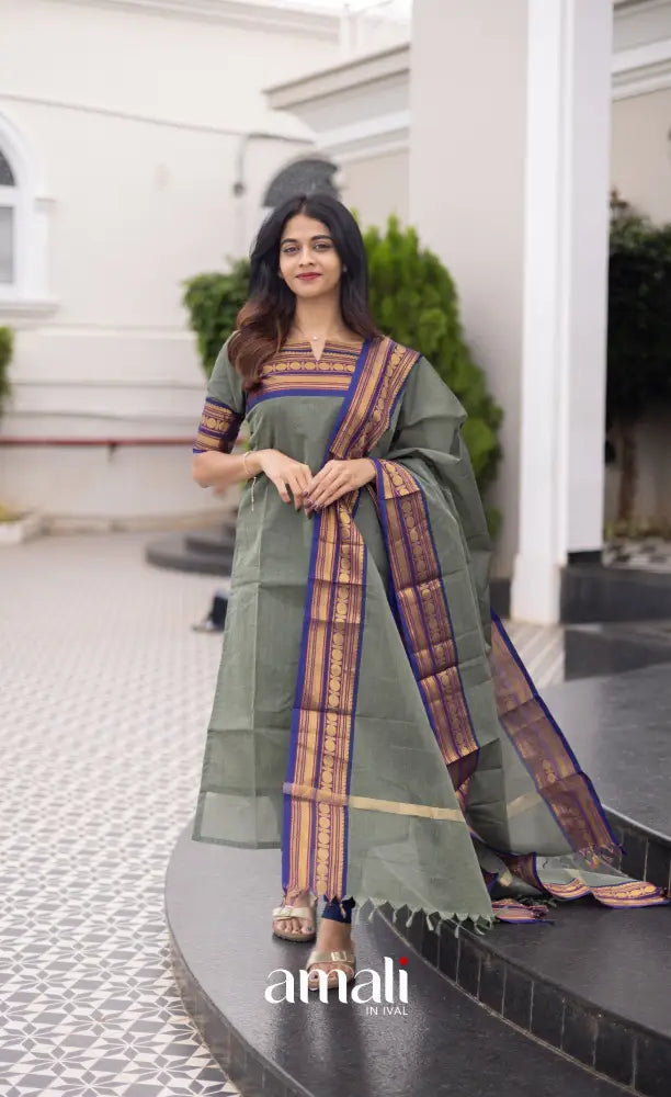 Meera Cotton Salwar Dull Blueish Green and Royal Blue Tone Plus Size salwar