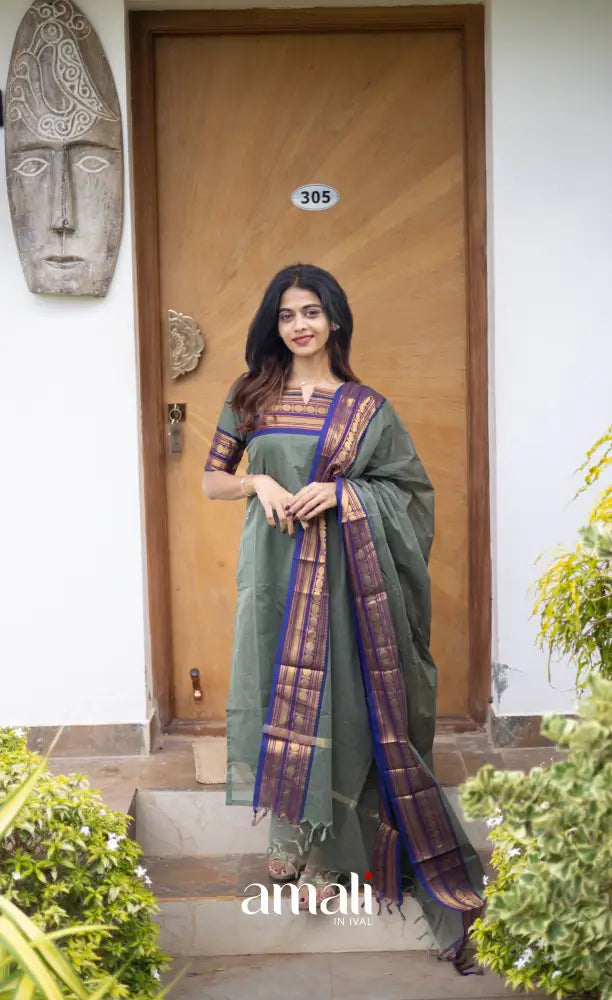 Meera Cotton Salwar Dull Blueish Green and Royal Blue Tone Plus Size salwar