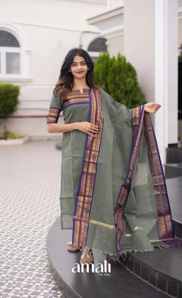 Meera Cotton Salwar Dull Blueish Green and Royal Blue Tone Plus Size salwar