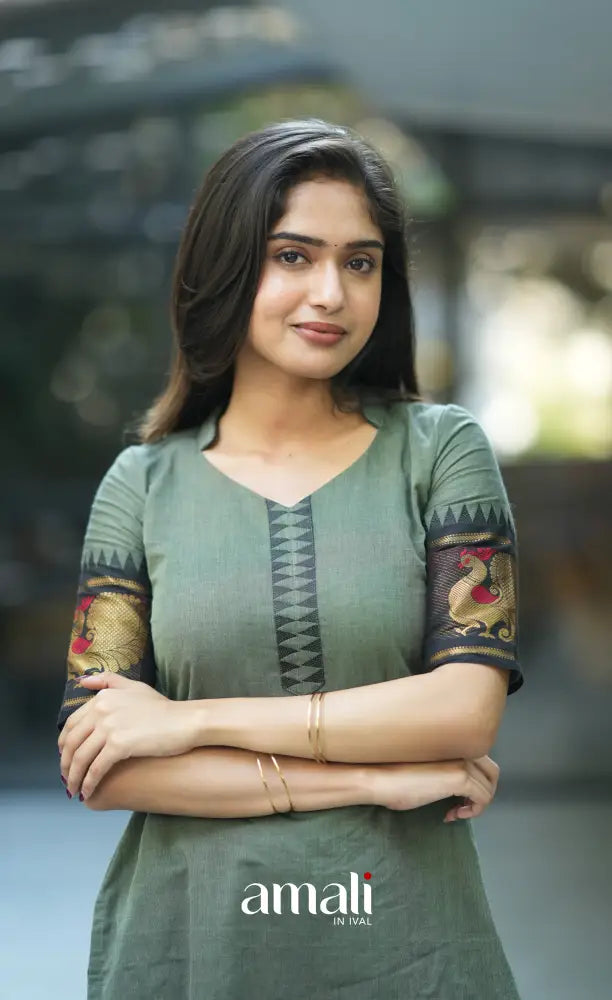 Meera Cotton Salwar - Dusky Olive Green and Black salwar