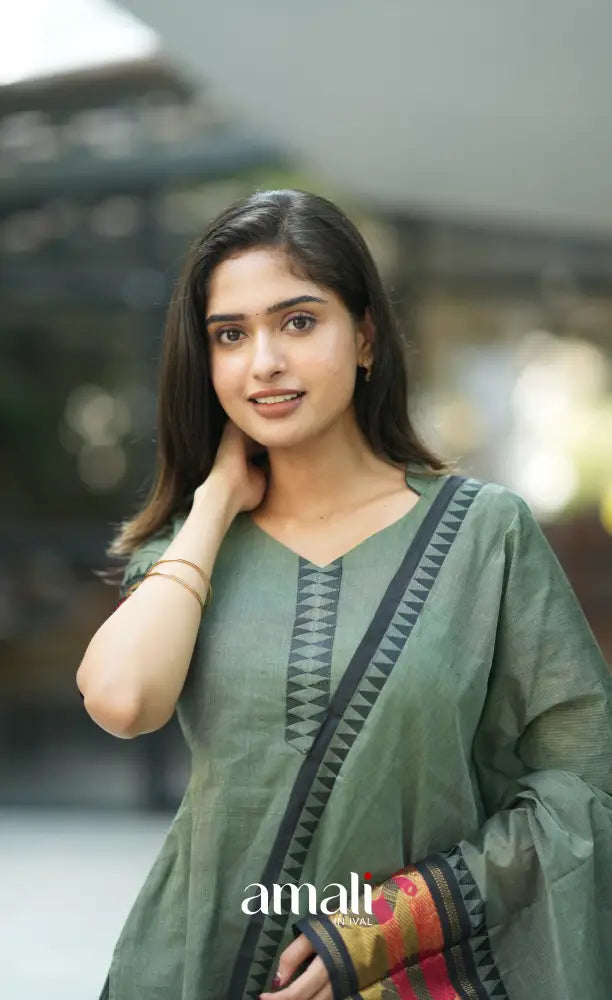 Meera Cotton Salwar - Dusky Olive Green and Black salwar