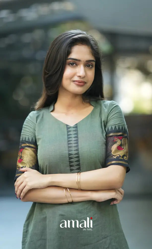 Meera Cotton Salwar - Dusky Olive Green and Black salwar