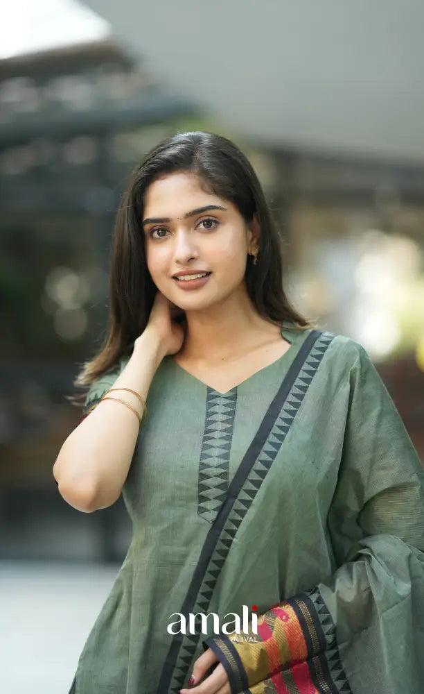 Meera Cotton Salwar - Dusky Olive Green and Black salwar