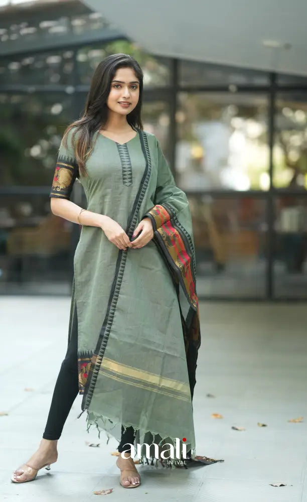 Meera Cotton Salwar - Dusky Olive Green and Black salwar