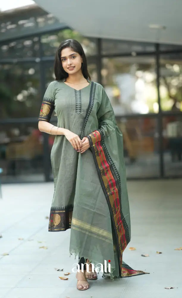 Meera Cotton Salwar - Dusky Olive Green and Black salwar