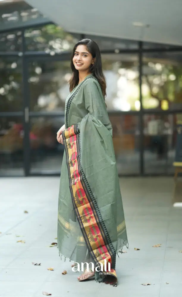 Meera Cotton Salwar - Dusky Olive Green and Black salwar