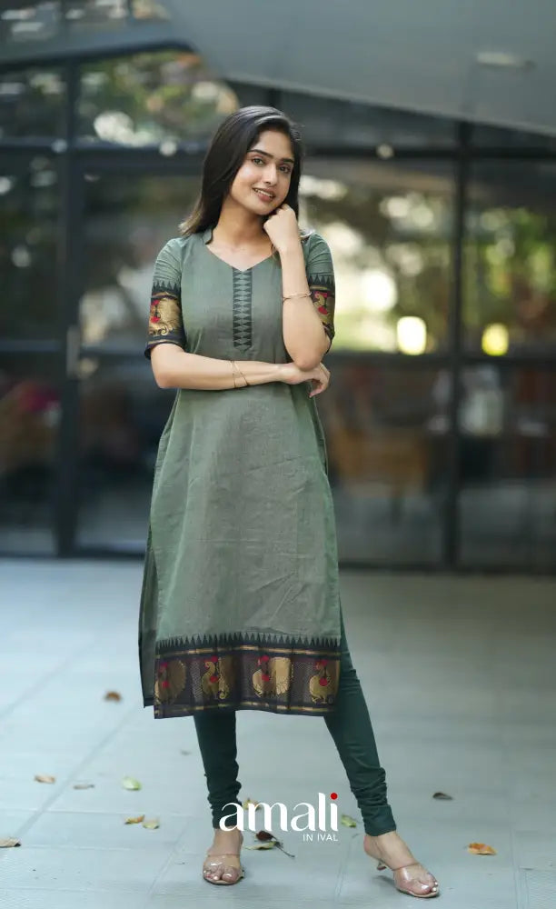 Meera Cotton Salwar - Dusky Olive Green and Black salwar