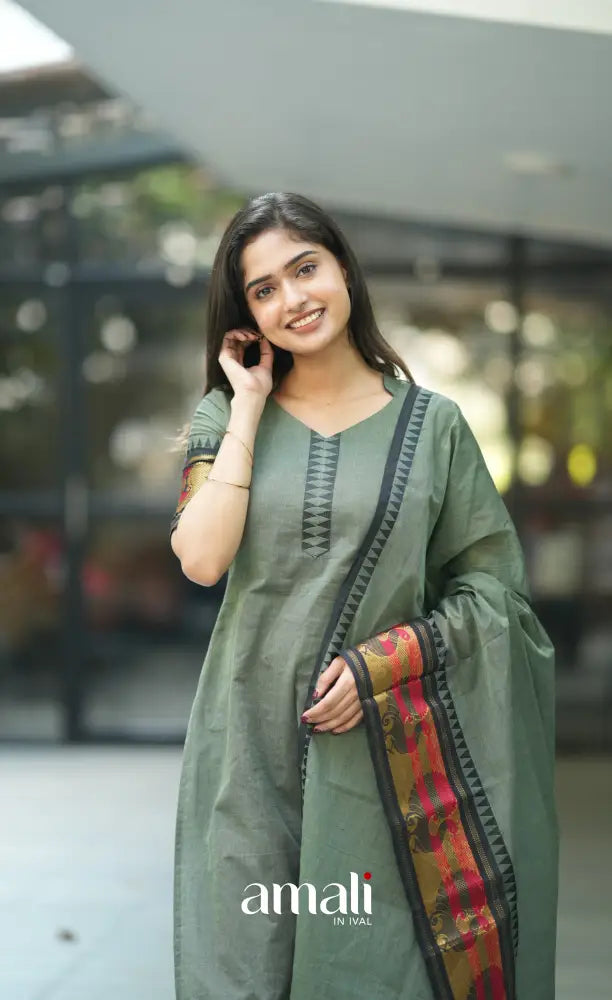 Meera Cotton Salwar - Dusky Olive Green and Black salwar