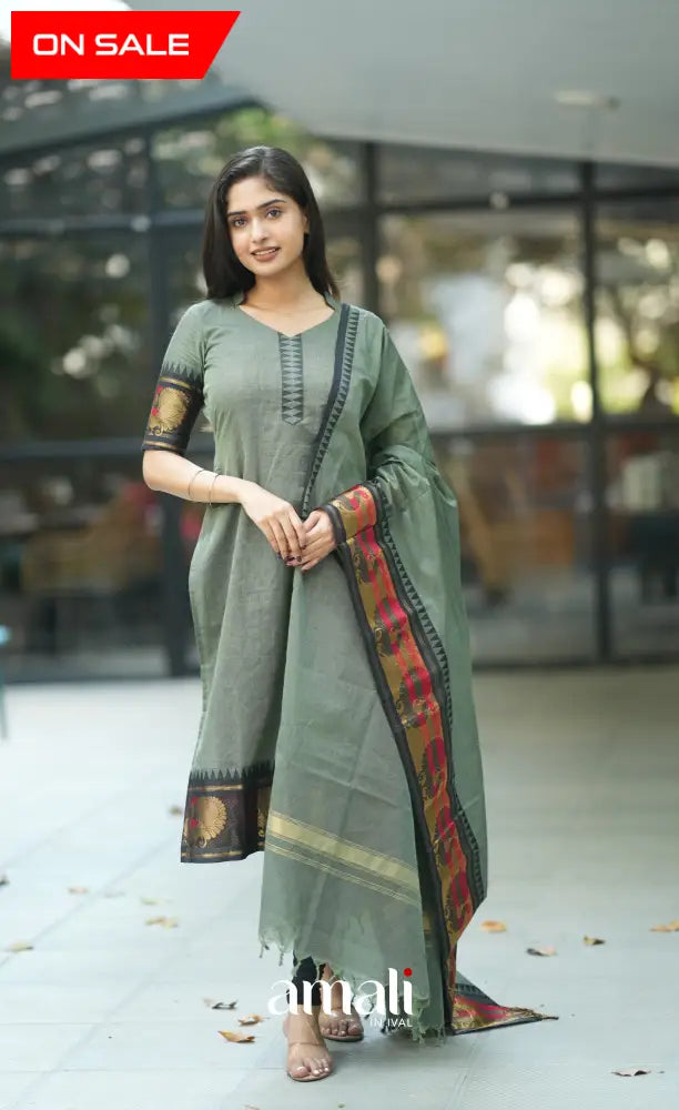 Meera Cotton Salwar - Dusky Olive Green and Black salwar