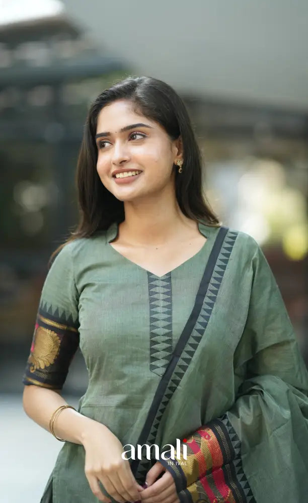 Meera Cotton Salwar - Dusky Olive Green and Black salwar