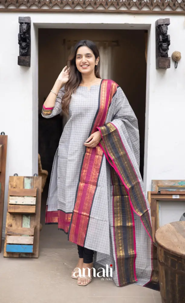 Meera Cotton Salwar Grey and Pink Tone Plus Size salwar