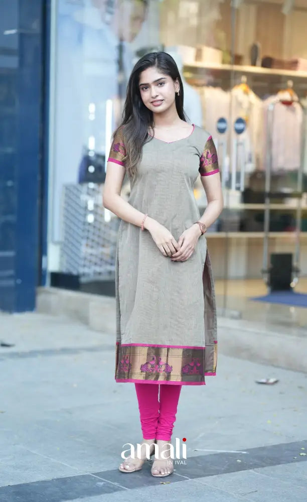 Meera Cotton Salwar - Grey and Rani Pink salwar