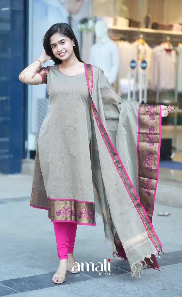 Meera Cotton Salwar - Grey and Rani Pink salwar