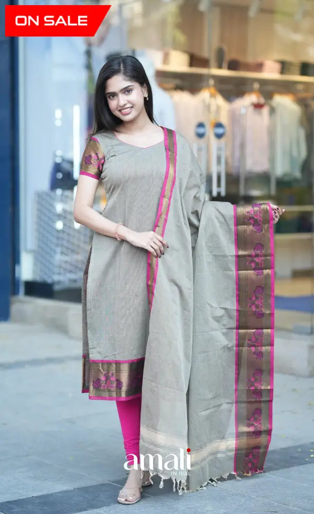 Meera Cotton Salwar - Grey and Rani Pink salwar