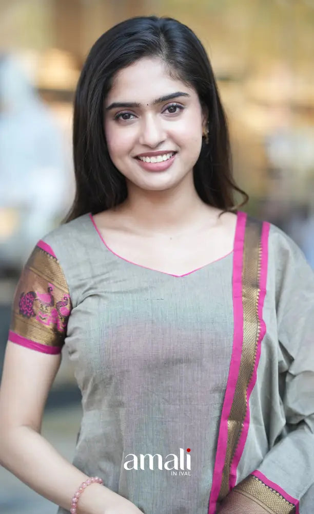 Meera Cotton Salwar - Grey and Rani Pink salwar