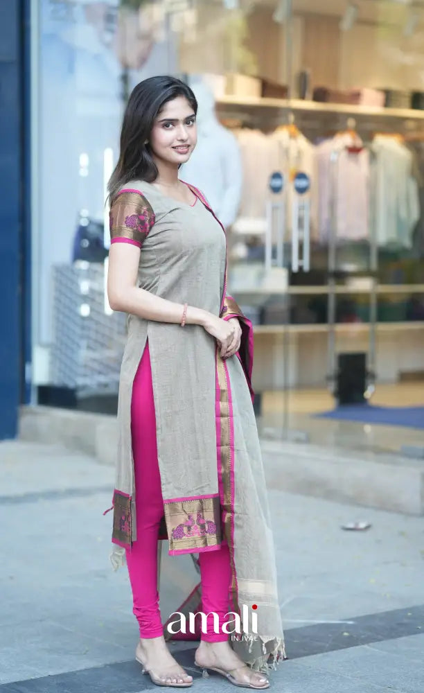 Meera Cotton Salwar - Grey and Rani Pink salwar
