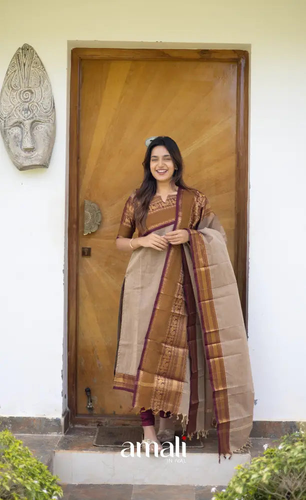 Meera Cotton Salwar Light Brown shade and Maroon tone salwar