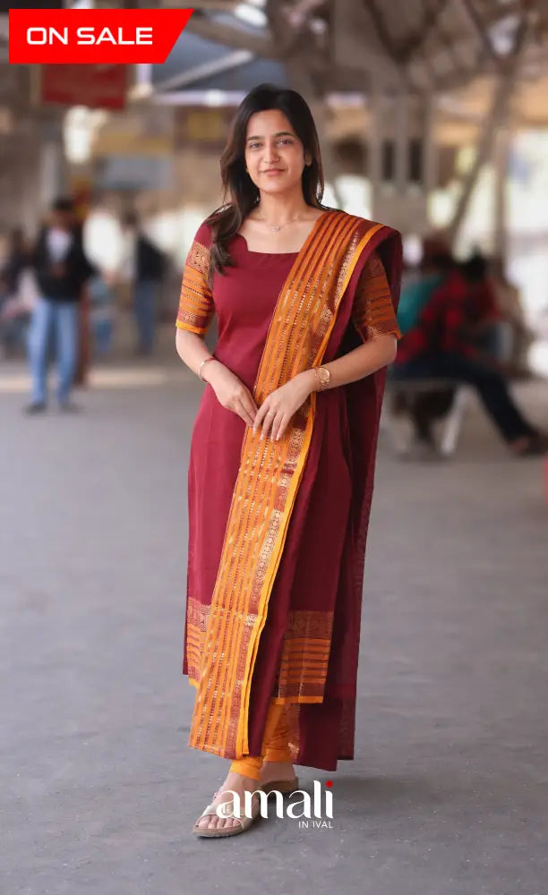Meera Cotton Salwar - Maroon and Mustard Orange salwar