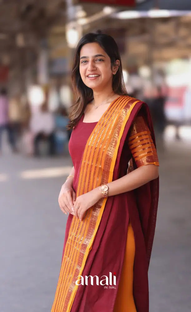 Meera Cotton Salwar - Maroon and Mustard Orange salwar