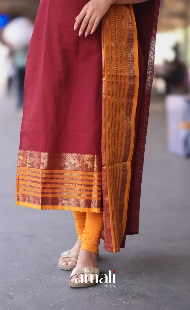 Meera Cotton Salwar - Maroon and Mustard Orange salwar
