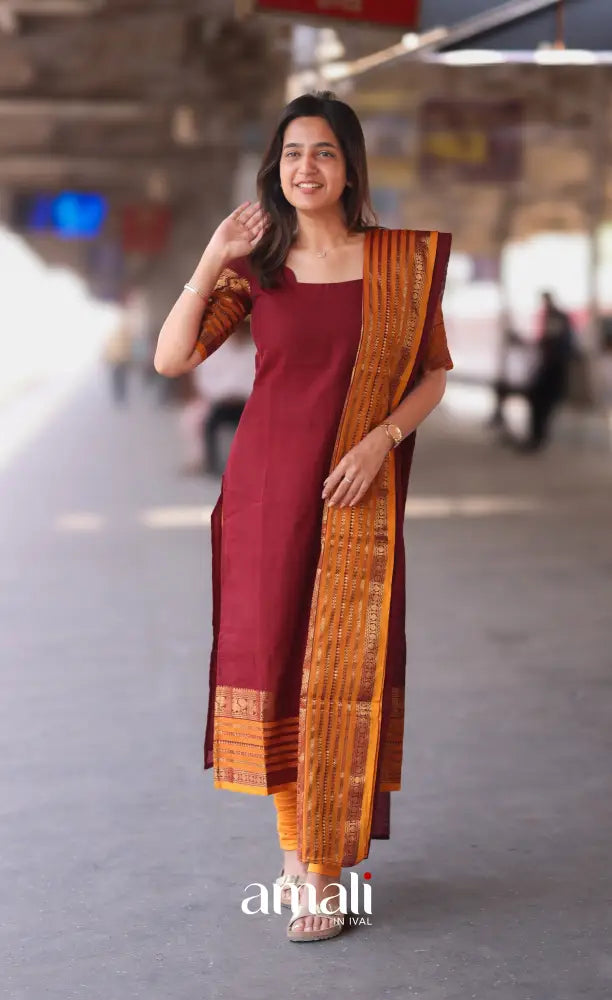 Meera Cotton Salwar - Maroon and Mustard Orange salwar