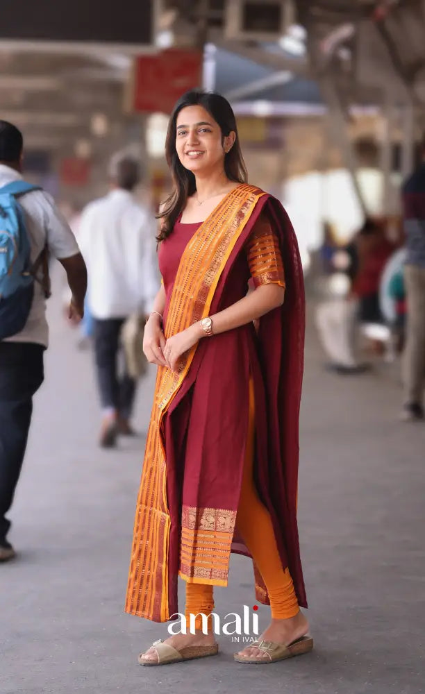 Meera Cotton Salwar - Maroon and Mustard Orange salwar