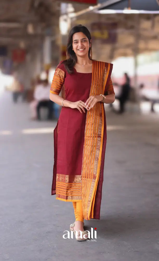 Meera Cotton Salwar - Maroon and Mustard Orange salwar