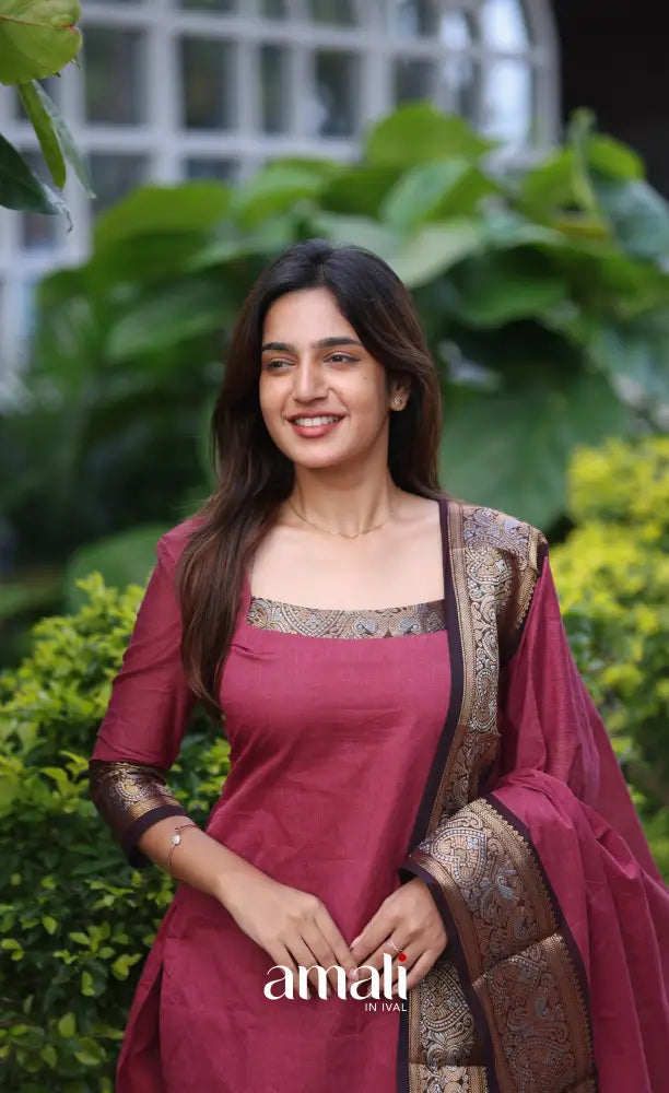 Meera Cotton Salwar - Maroonish Pink and dark brown salwar