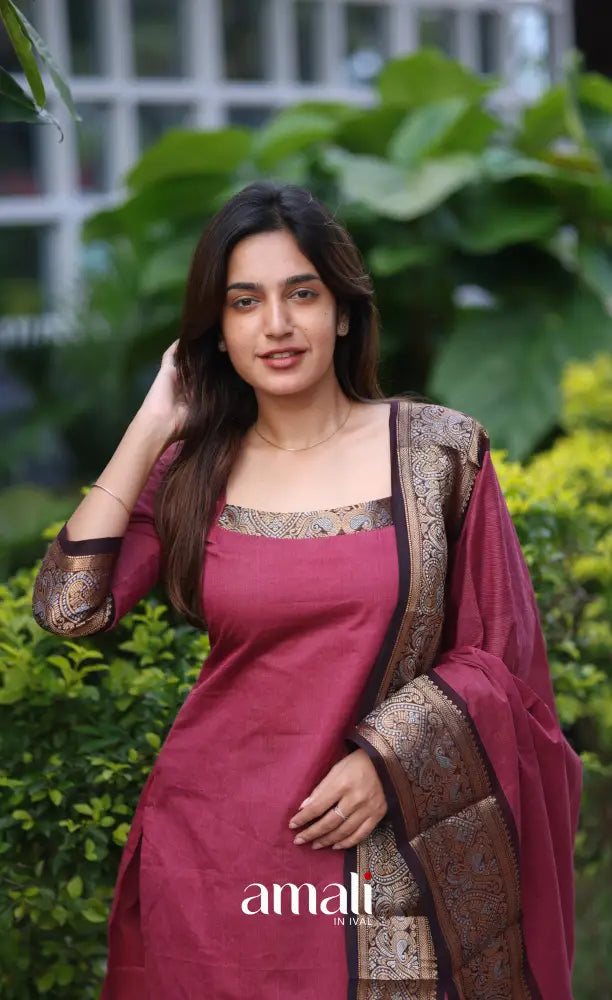 Meera Cotton Salwar - Maroonish Pink and dark brown salwar