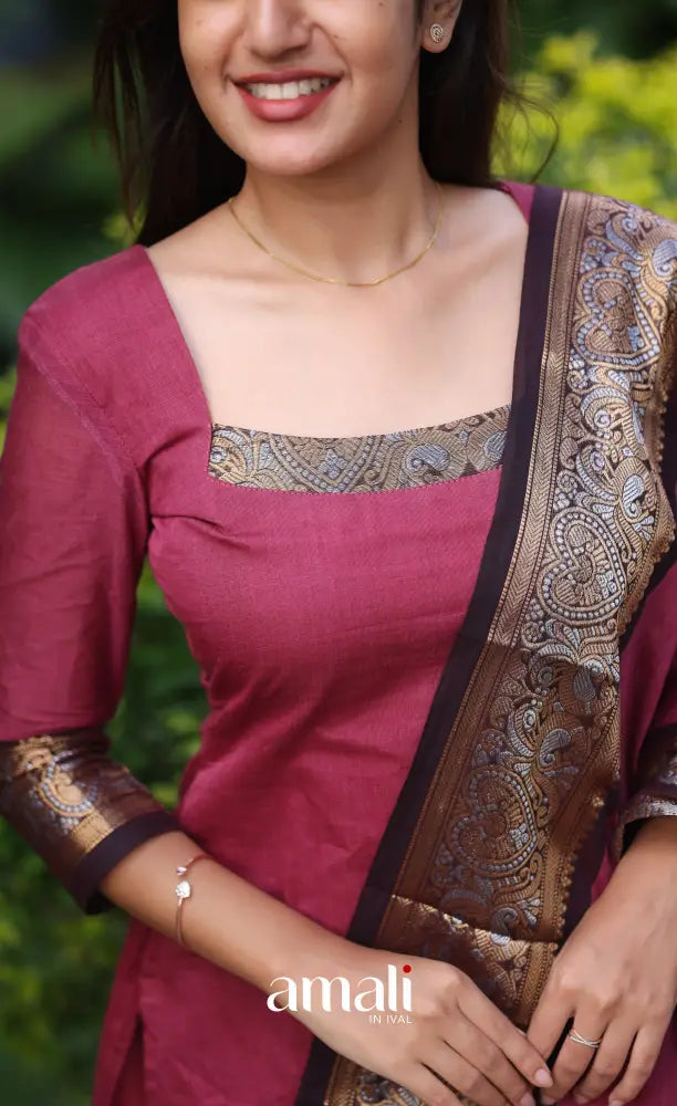 Meera Cotton Salwar - Maroonish Pink and dark brown salwar