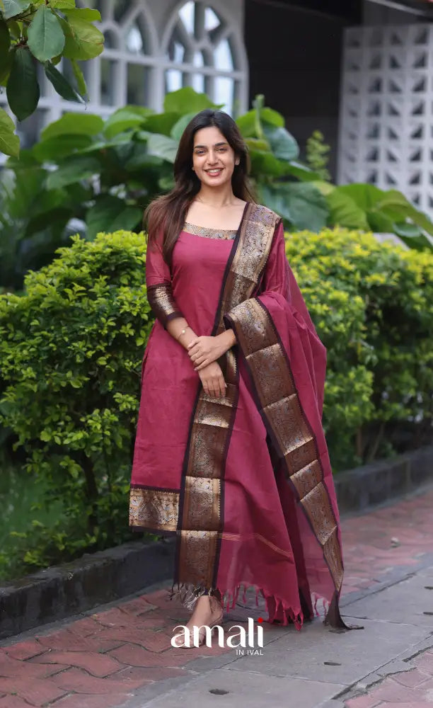 Meera Cotton Salwar - Maroonish Pink and dark brown salwar