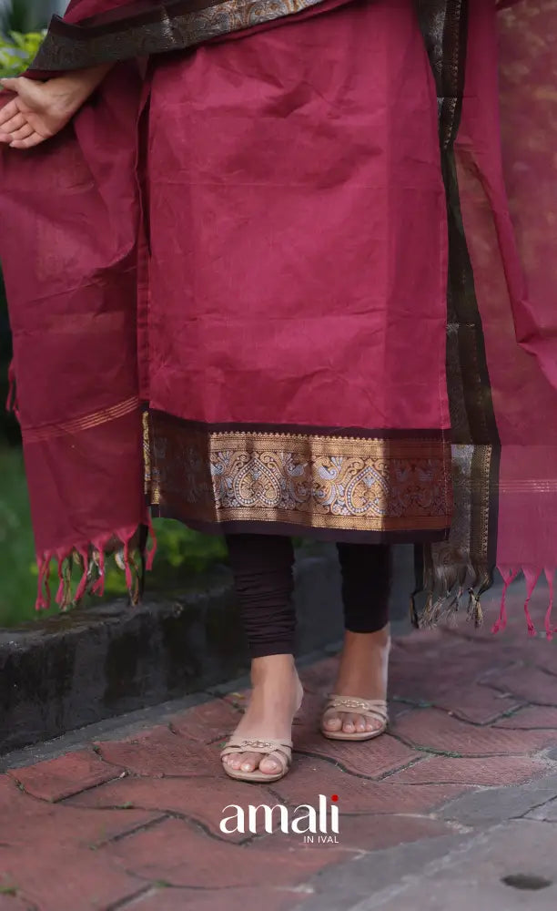 Meera Cotton Salwar - Maroonish Pink and dark brown salwar