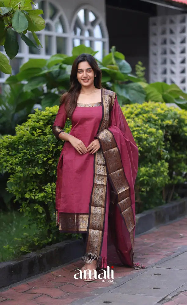 Meera Cotton Salwar - Maroonish Pink and dark brown salwar