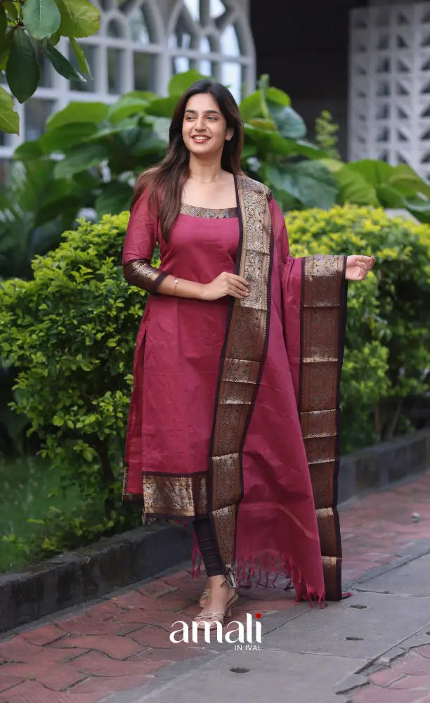 Meera Cotton Salwar - Maroonish Pink and dark brown salwar
